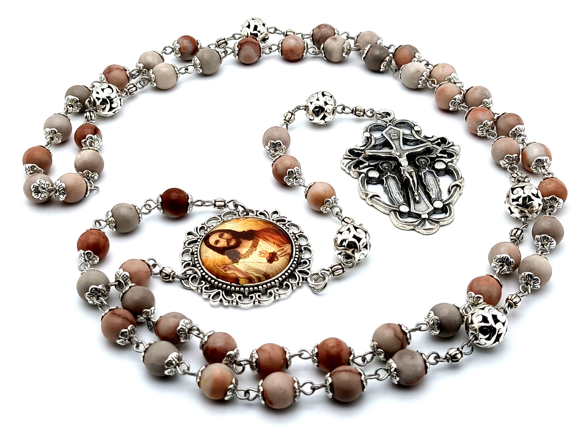 Heirloom Sacred Heart of Jesus unique rosary beads  rhodonite gemstone rosary beads with two angel filigree crucifix and large silver Our Father beads.