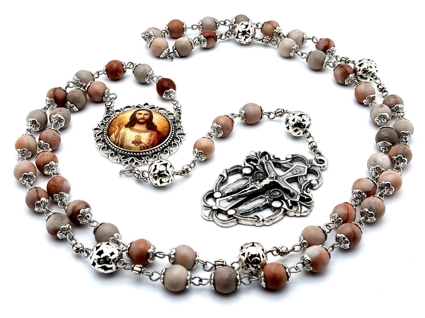 Heirloom Sacred Heart of Jesus unique rosary beads  rhodonite gemstone rosary beads with two angel filigree crucifix and large silver Our Father beads.