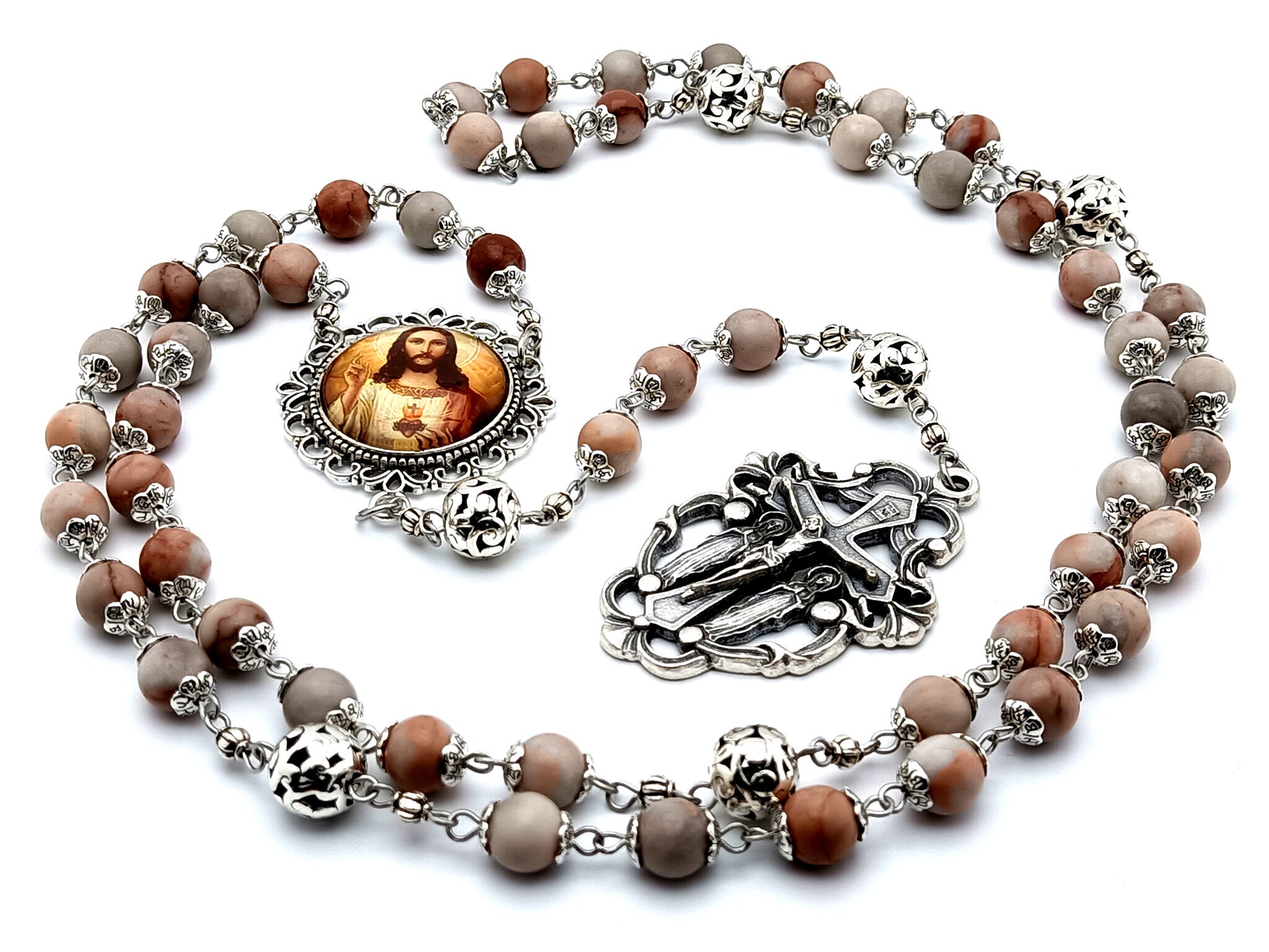 Heirloom Sacred Heart of Jesus unique rosary beads  rhodonite gemstone rosary beads with two angel filigree crucifix and large silver Our Father beads.