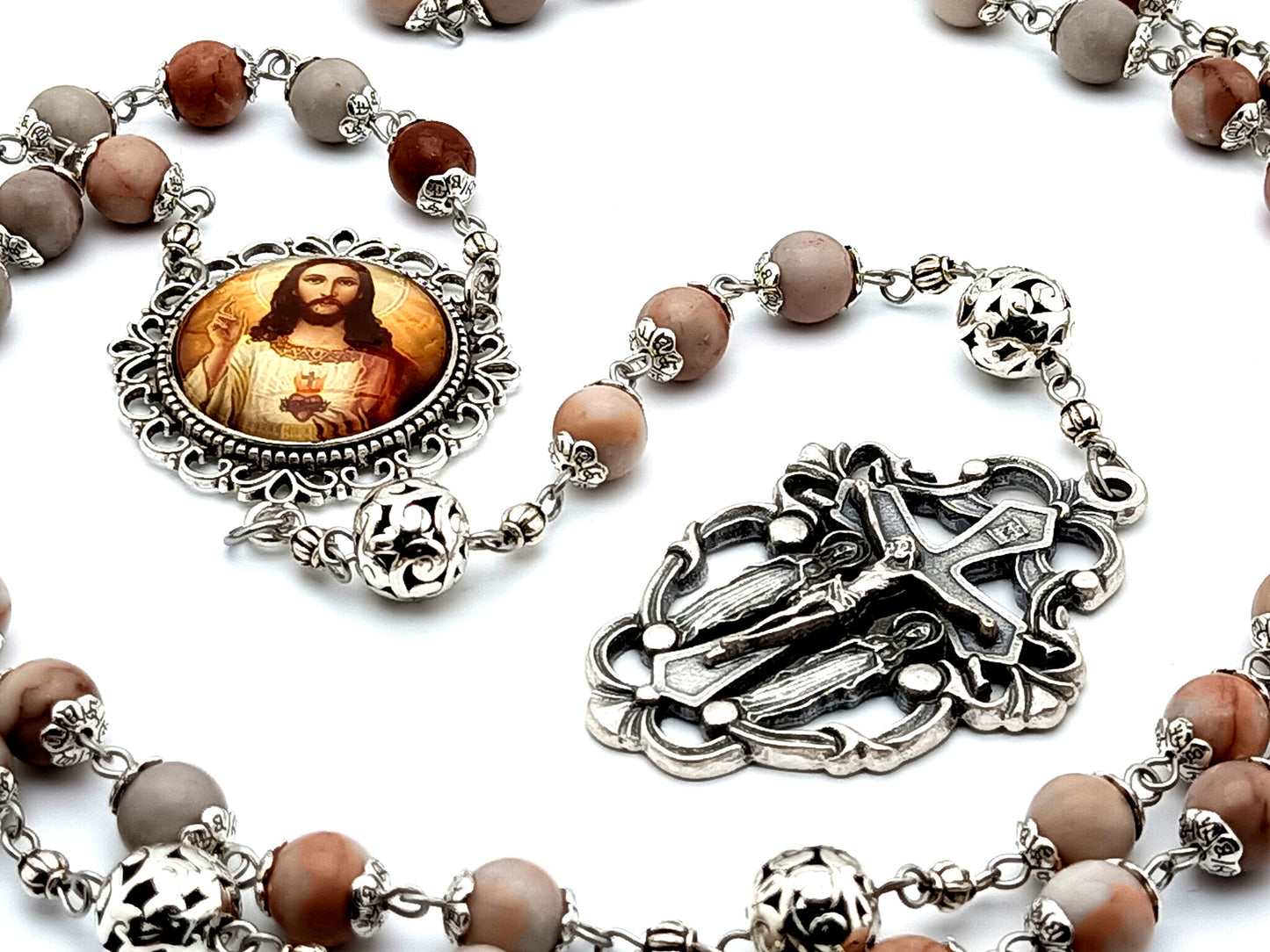 Heirloom Sacred Heart of Jesus unique rosary beads  rhodonite gemstone rosary beads with two angel filigree crucifix and large silver Our Father beads.