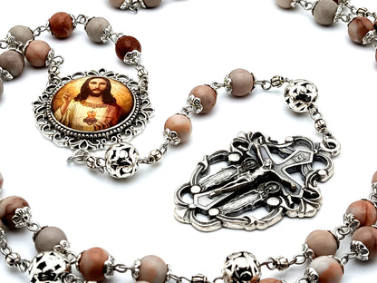 Heirloom Sacred Heart of Jesus unique rosary beads  rhodonite gemstone rosary beads with two angel filigree crucifix and large silver Our Father beads.