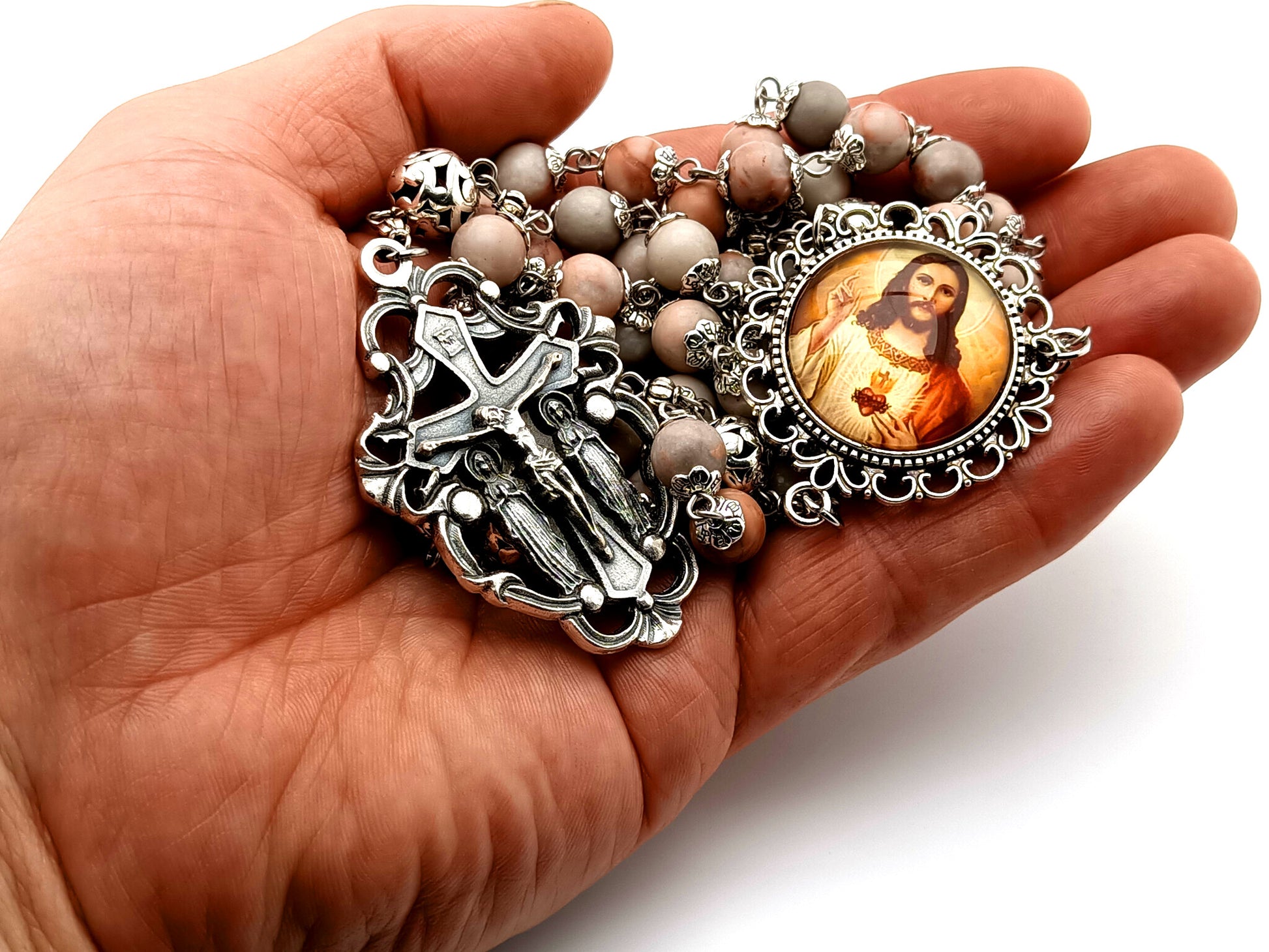 Heirloom Sacred Heart of Jesus unique rosary beads  rhodonite gemstone rosary beads with two angel filigree crucifix and large silver Our Father beads.