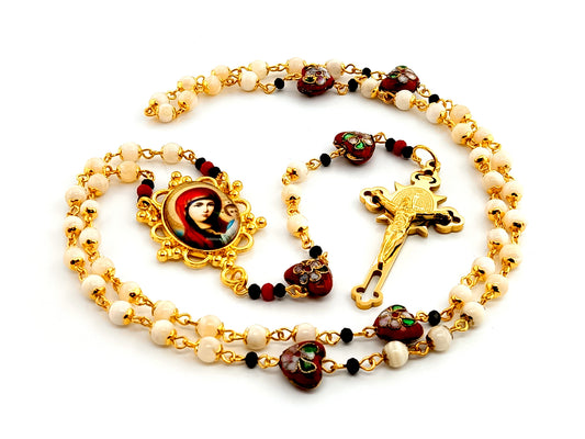 Our Lady of Perpetual Help mother of pearl rosary beads with Saint Benedict gold plated etched crucifix and cloisonné heart beads.