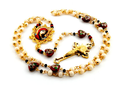 Our Lady of Perpetual Help mother of pearl rosary beads with Saint Benedict gold plated etched crucifix and cloisonné heart beads.