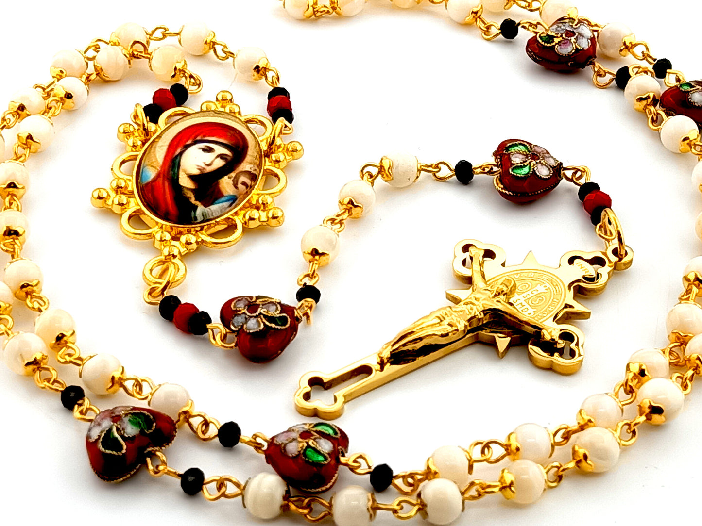 Our Lady of Perpetual Help mother of pearl rosary beads with Saint Benedict gold plated etched crucifix and cloisonné heart beads.