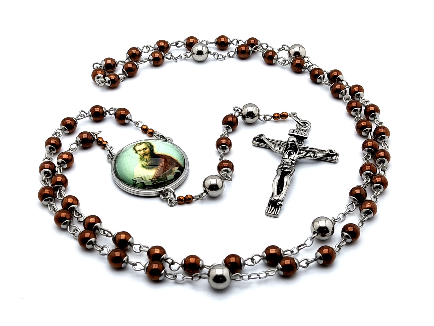 Saint Paul the Apostle bronze electroplated hematite gemstone rosary beads with stainless steel crucifix and Our Father beads.