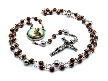Saint Paul the Apostle bronze electroplated hematite gemstone rosary beads with stainless steel crucifix and Our Father beads.