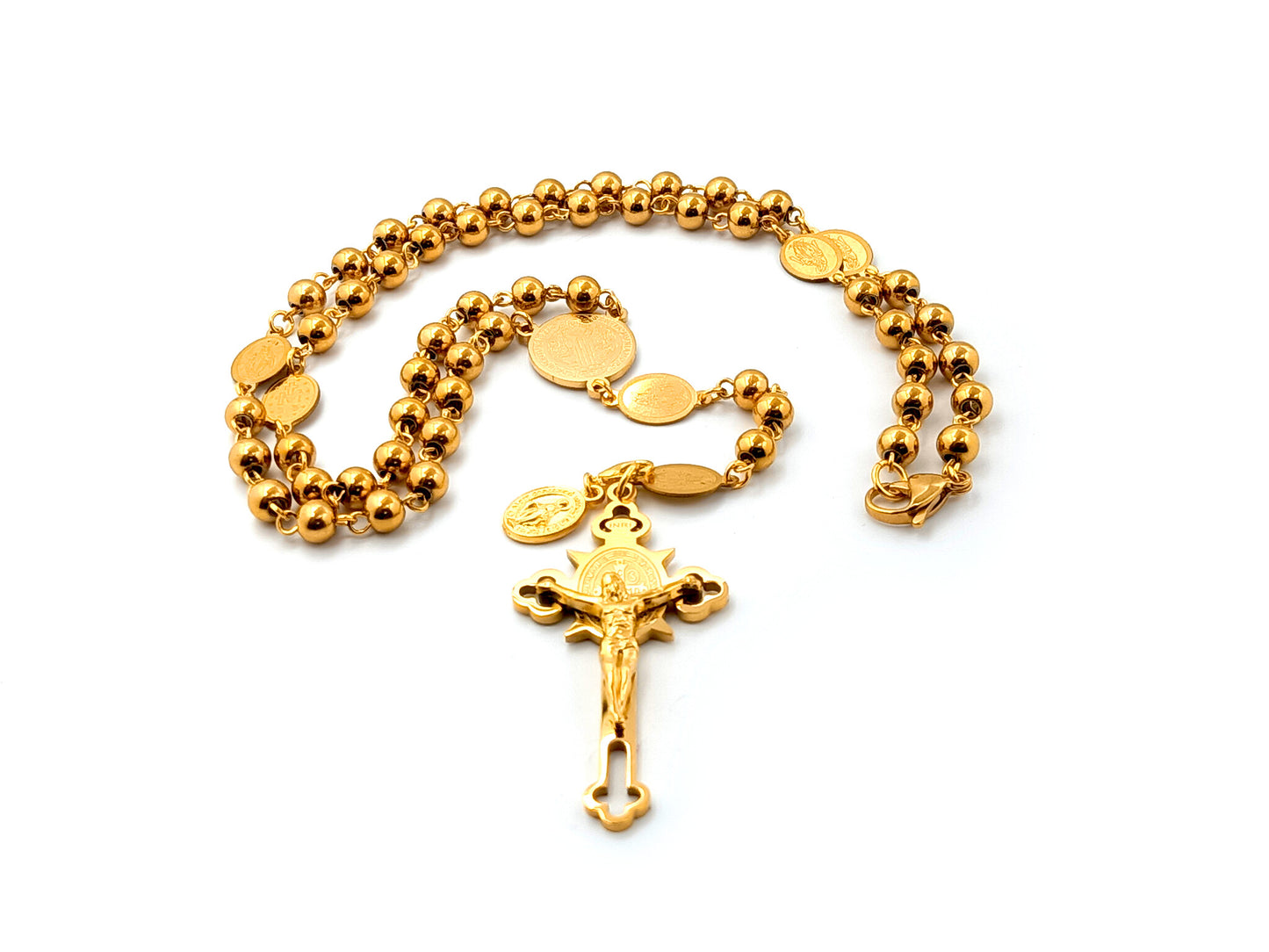 Saint Benedict unique rosary beads gold plated stainless steel rosary beads with gold plated miraculous medal link beads.