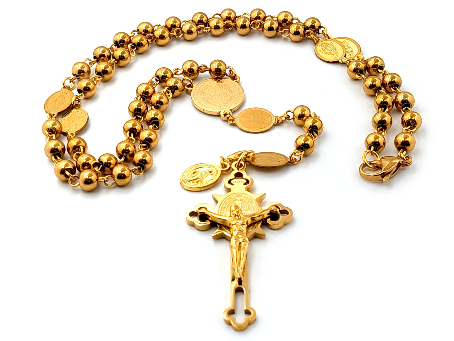 Saint Benedict unique rosary beads gold plated stainless steel rosary beads with gold plated miraculous medal link beads.