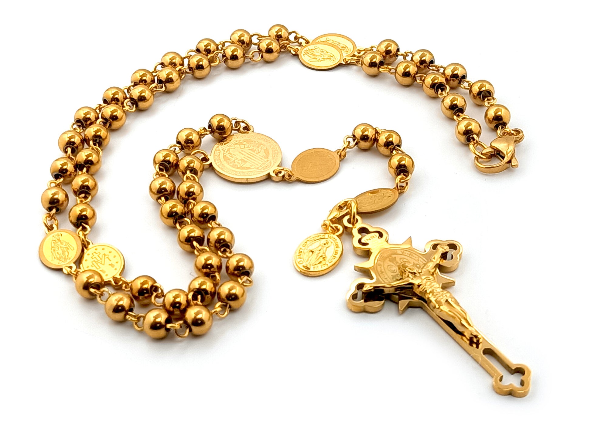 Saint Benedict unique rosary beads gold plated stainless steel rosary beads with gold plated miraculous medal link beads.