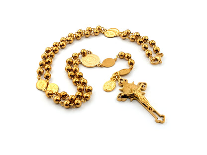 Saint Benedict unique rosary beads gold plated stainless steel rosary beads with gold plated miraculous medal link beads.