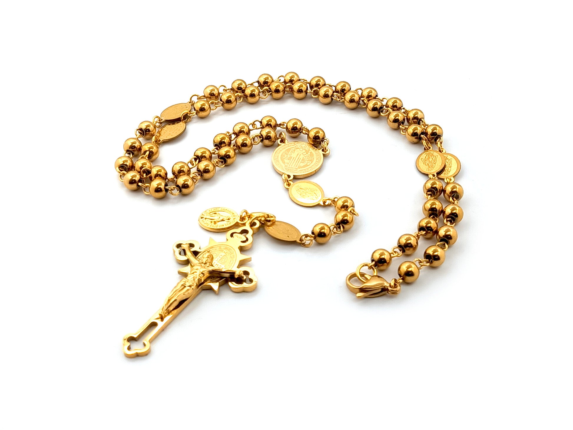 Saint Benedict unique rosary beads gold plated stainless steel rosary beads with gold plated miraculous medal link beads.