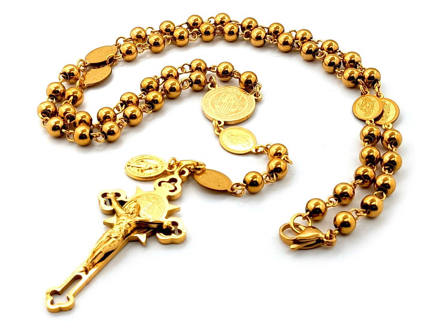 Saint Benedict unique rosary beads gold plated stainless steel rosary beads with gold plated miraculous medal link beads.