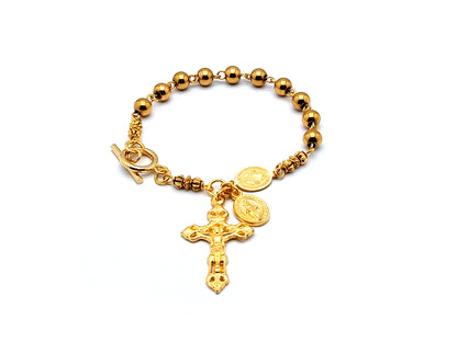 Saint Benedict unique rosary beads gold plated stainless steel single decade rosary bead bracelet with gold plated miraculous medal and filigree crucifix.