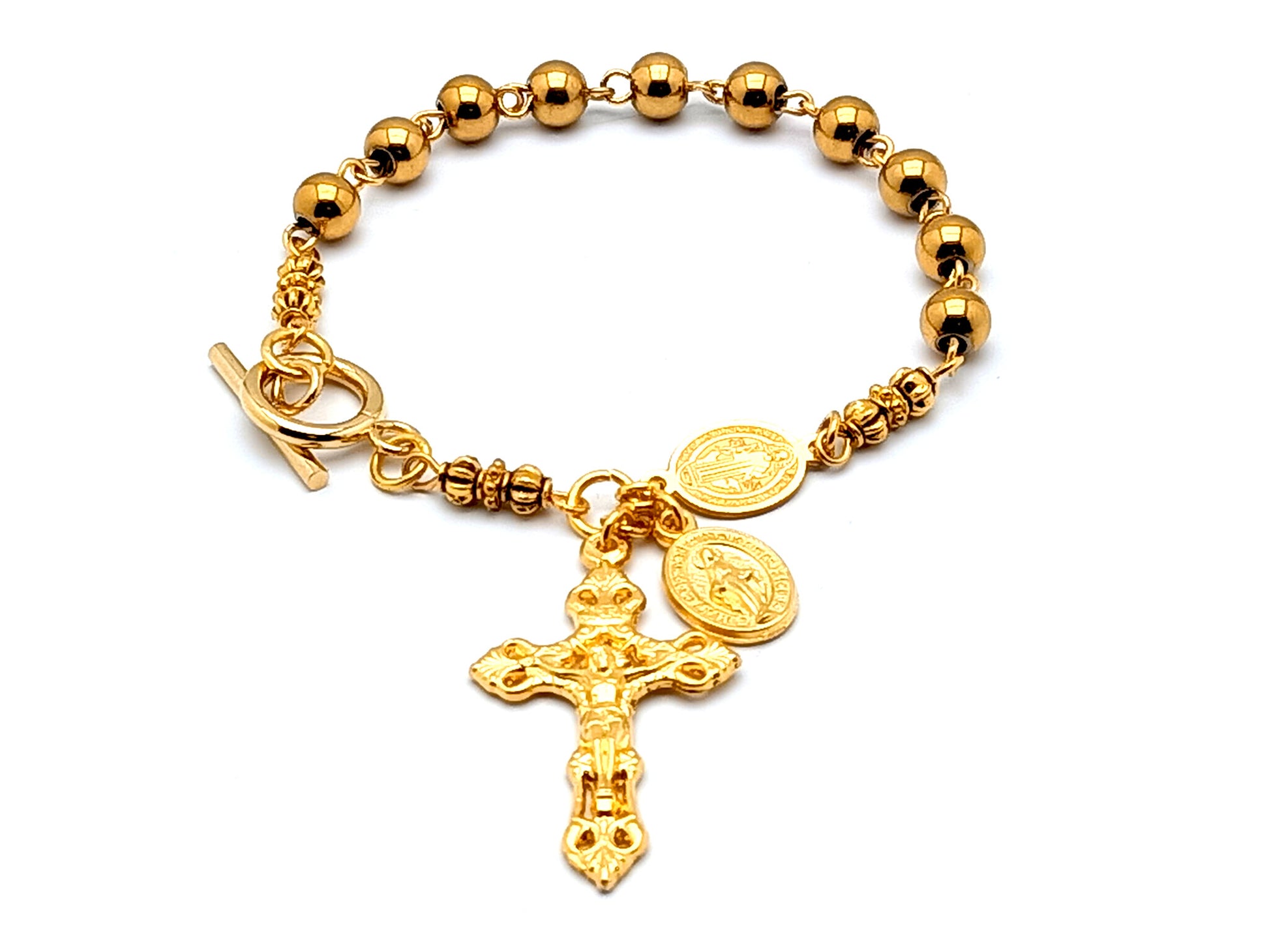 Saint Benedict unique rosary beads gold plated stainless steel single decade rosary bead bracelet with gold plated miraculous medal and filigree crucifix.