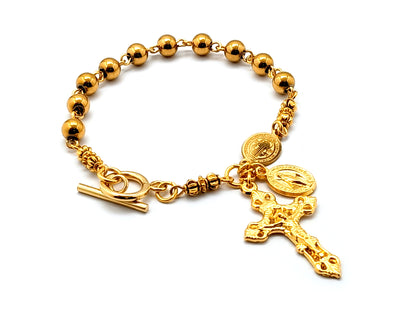 Saint Benedict unique rosary beads gold plated stainless steel single decade rosary bead bracelet with gold plated miraculous medal and filigree crucifix.