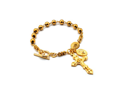 Saint Benedict unique rosary beads gold plated stainless steel single decade rosary bead bracelet with gold plated miraculous medal and filigree crucifix.