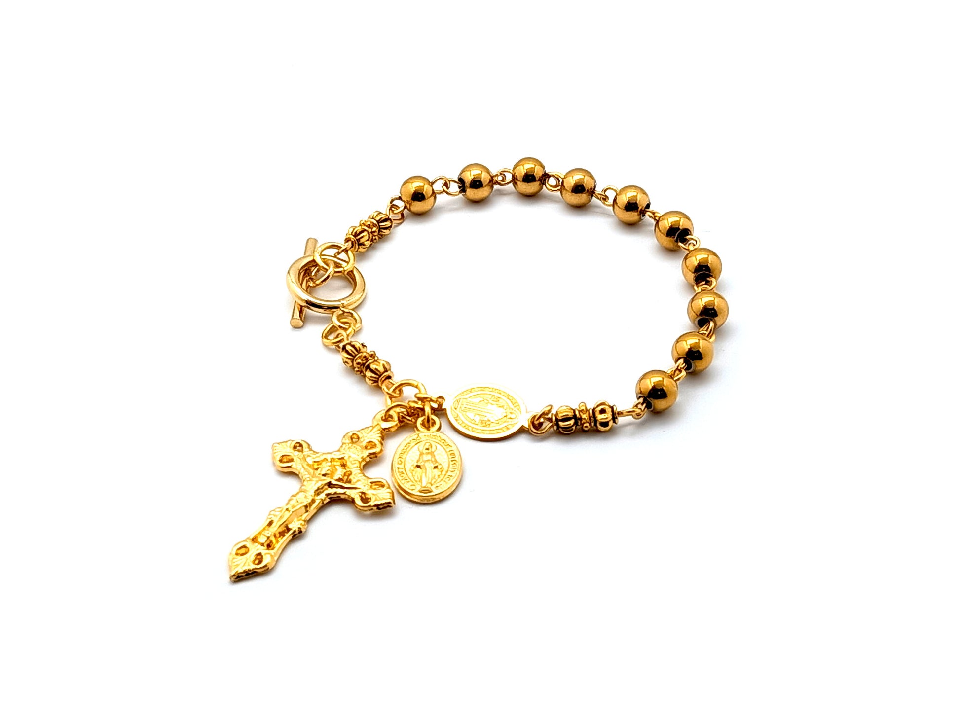 Saint Benedict unique rosary beads gold plated stainless steel single decade rosary bead bracelet with gold plated miraculous medal and filigree crucifix.