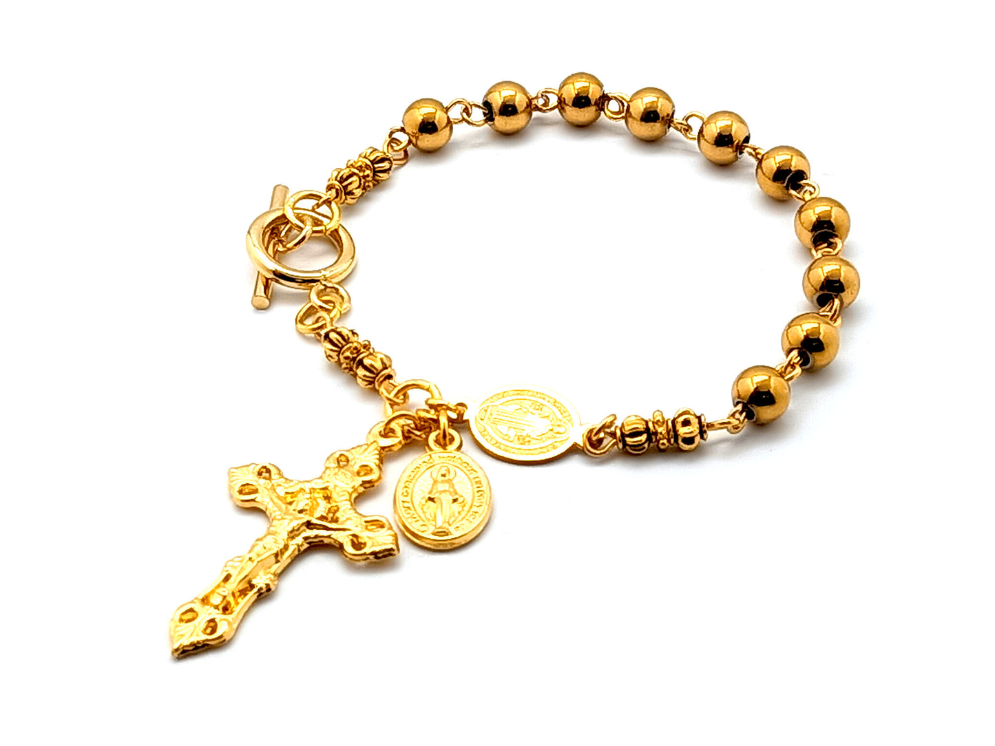 Saint Benedict unique rosary beads gold plated stainless steel single decade rosary bead bracelet with gold plated miraculous medal and filigree crucifix.