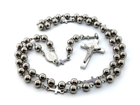 Miraculous Medal stainless steel rosary beads with cross linking beads and Saint Benedict crucifix.