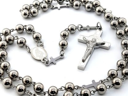 Miraculous Medal stainless steel rosary beads with cross linking beads and Saint Benedict crucifix.