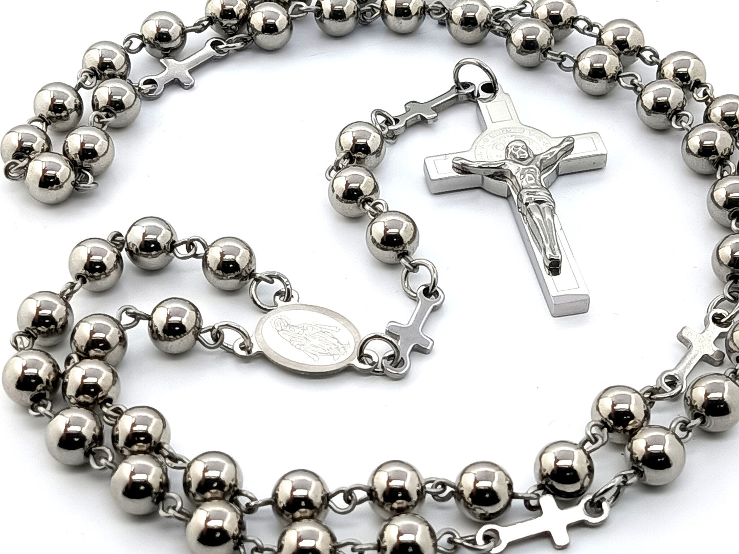 Miraculous Medal stainless steel rosary beads with cross linking beads and Saint Benedict crucifix.