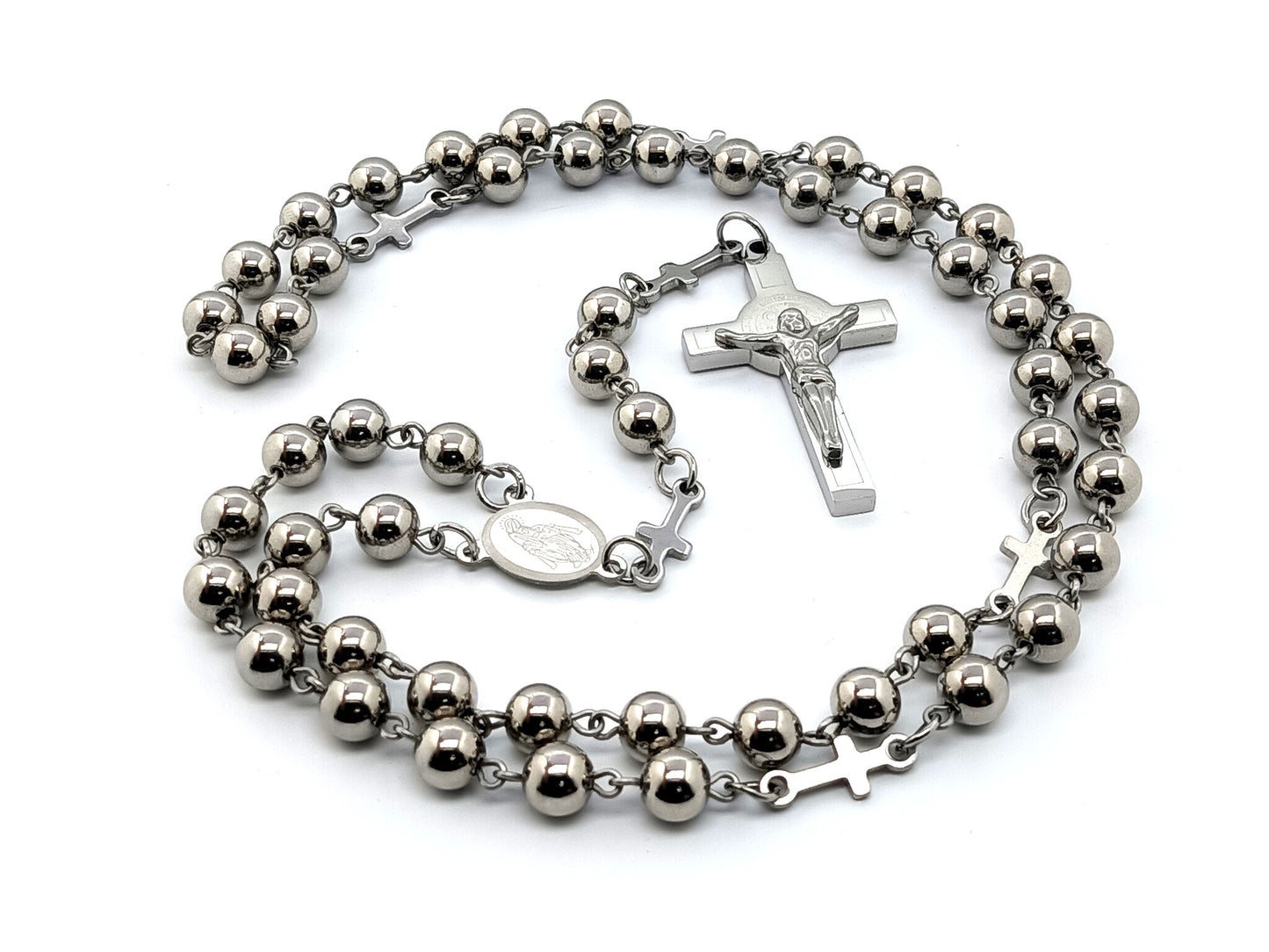 Miraculous Medal stainless steel rosary beads with cross linking beads and Saint Benedict crucifix.