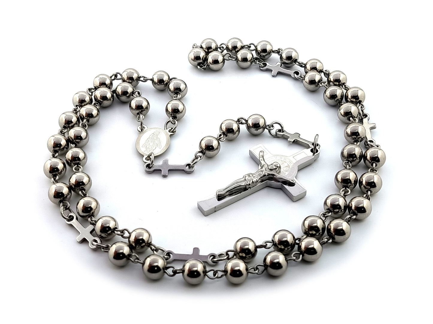 Miraculous Medal stainless steel rosary beads with cross linking beads and Saint Benedict crucifix.