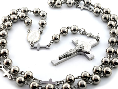 Miraculous Medal stainless steel rosary beads with cross linking beads and Saint Benedict crucifix.