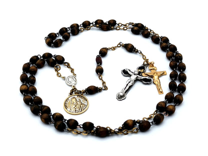 Sacred Heart dark wooden rosary beads with Saint Jude medal and double crucifix renovation.