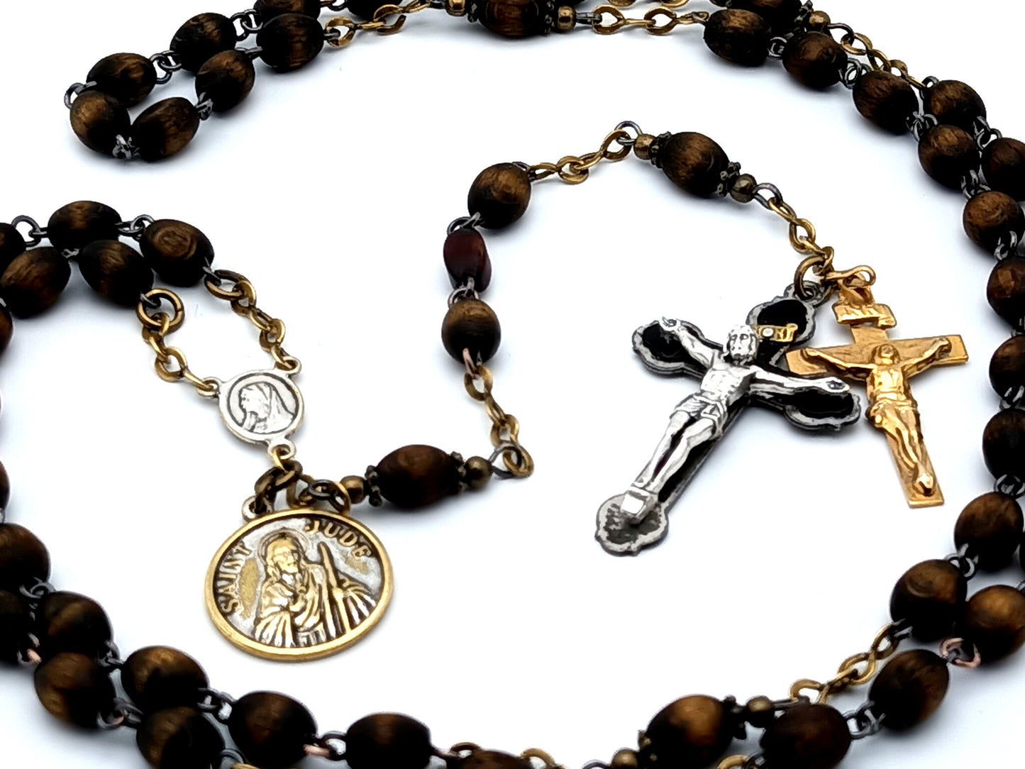 Sacred Heart dark wooden rosary beads with Saint Jude medal and double crucifix renovation.