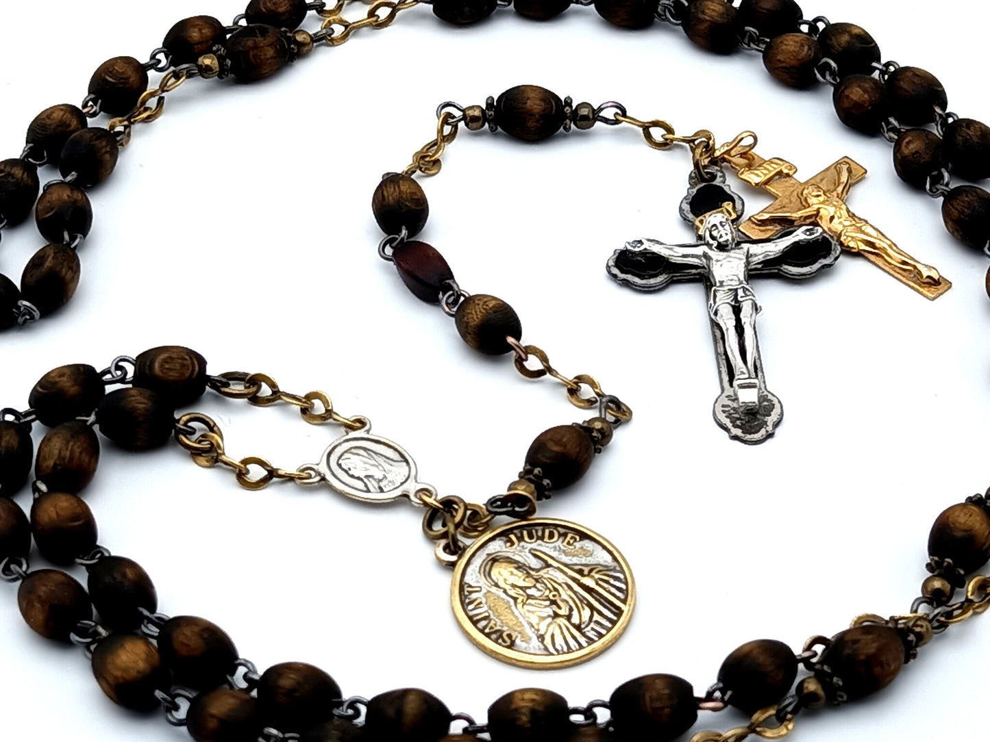 Sacred Heart dark wooden rosary beads with Saint Jude medal and double crucifix renovation.