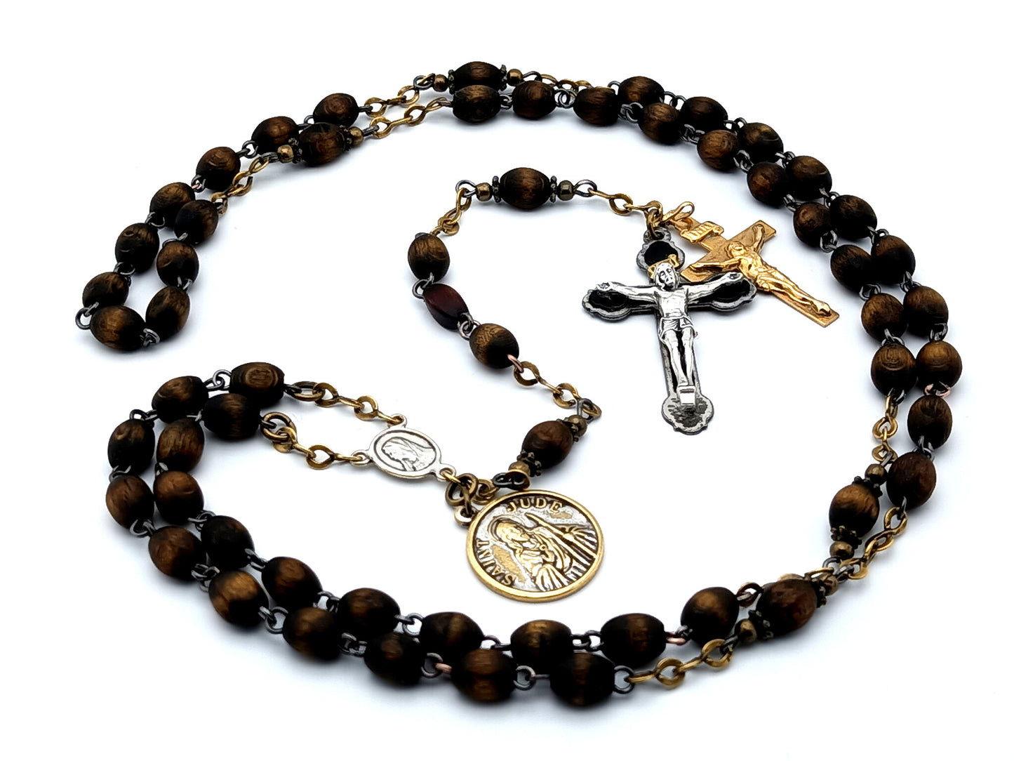 Sacred Heart dark wooden rosary beads with Saint Jude medal and double crucifix renovation.