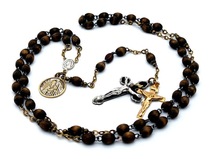 Sacred Heart dark wooden rosary beads with Saint Jude medal and double crucifix renovation.