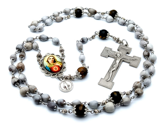 Miraculous Medal Jobs Tears rosary beads with Pardon crucifix and tigers eye gemstone beads.