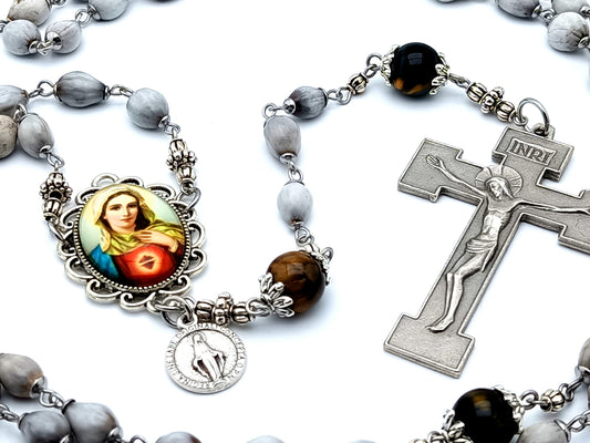 Miraculous Medal Jobs Tears rosary beads with Pardon crucifix and tigers eye gemstone beads.