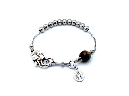 Miraculous Medal unique rosary beads stainless steel single decade rosary bracelet with stainless steel cross and flower lobster clasp.