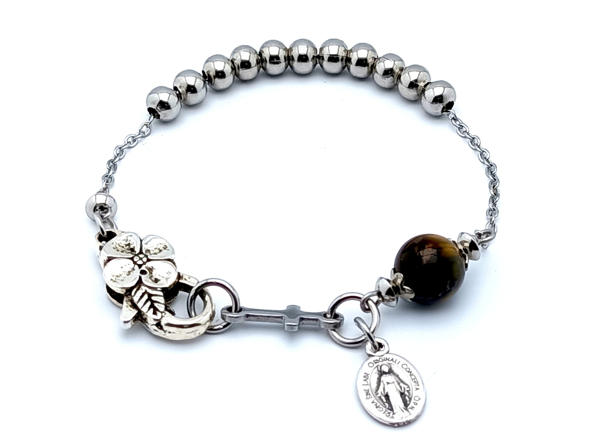 Miraculous Medal unique rosary beads stainless steel single decade rosary bracelet with stainless steel cross and flower lobster clasp.