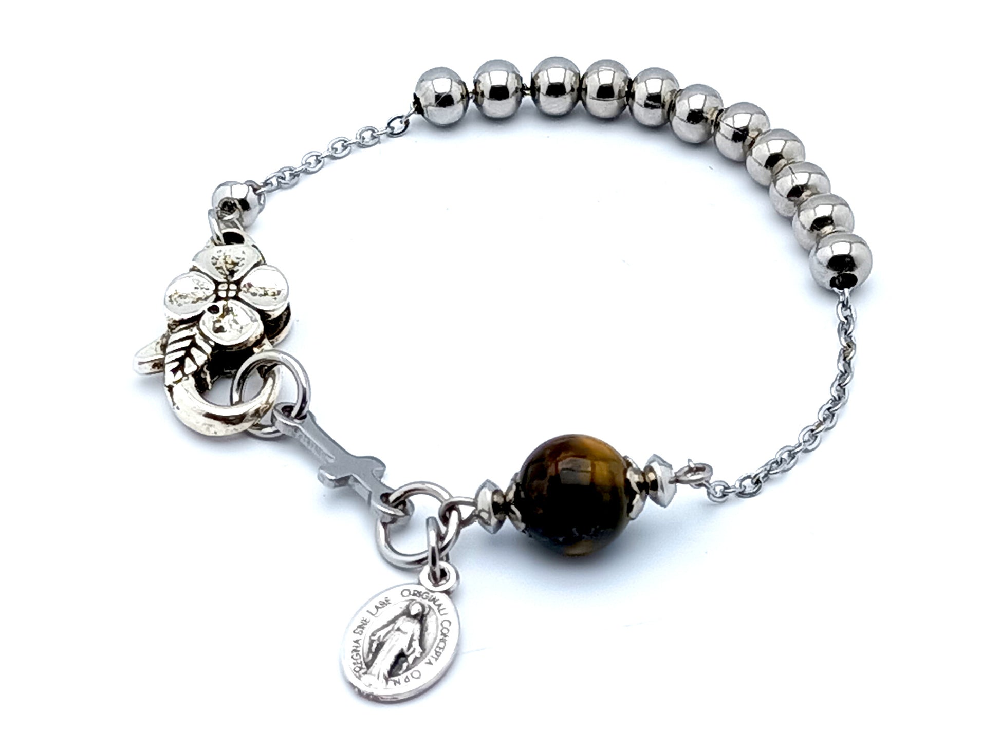 Miraculous Medal unique rosary beads stainless steel single decade rosary bracelet with stainless steel cross and flower lobster clasp.