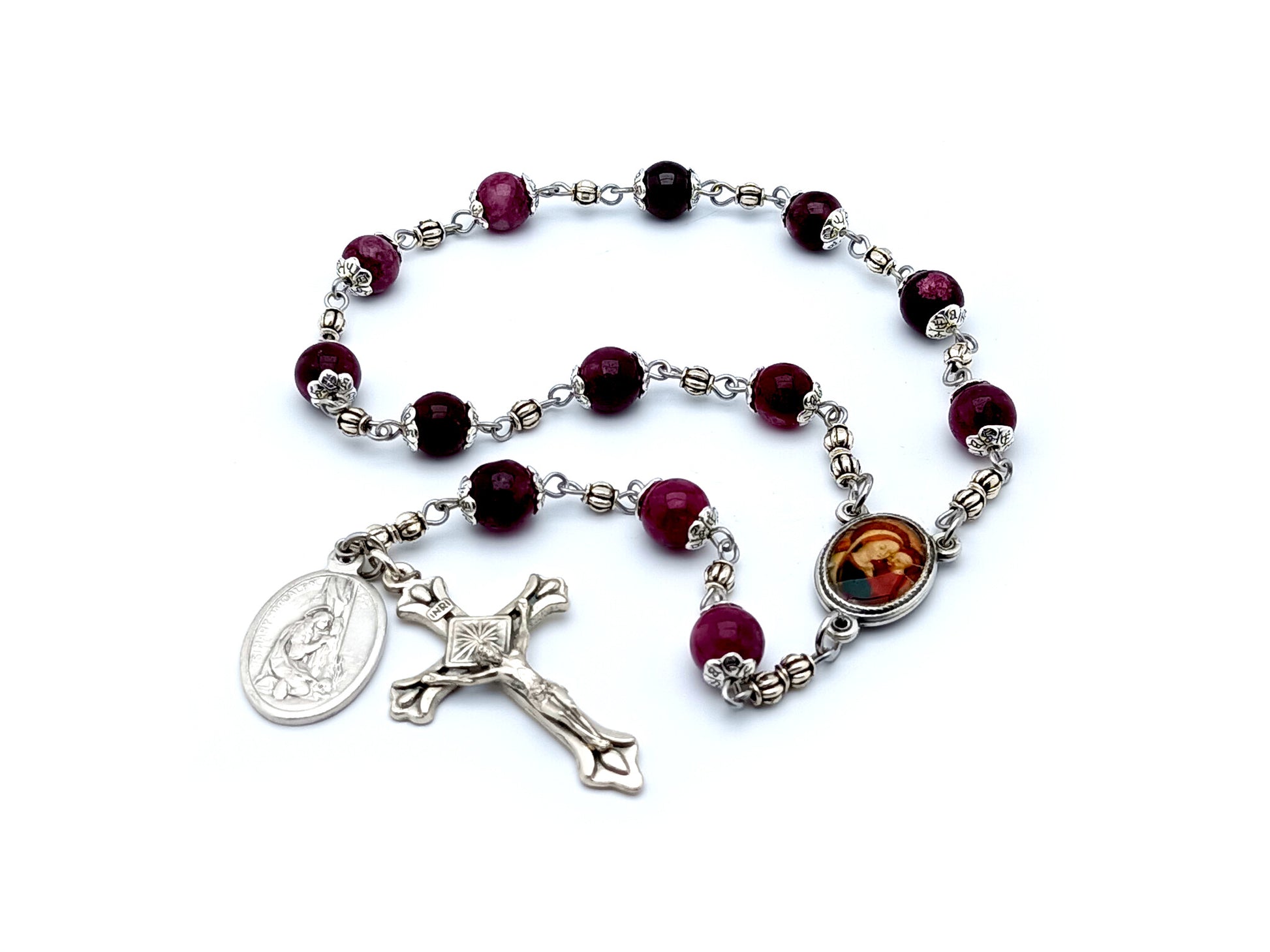 Saint Mary Magdalene unique rosary beads prayer chaplet with purple beads and silver alloy crucifix.