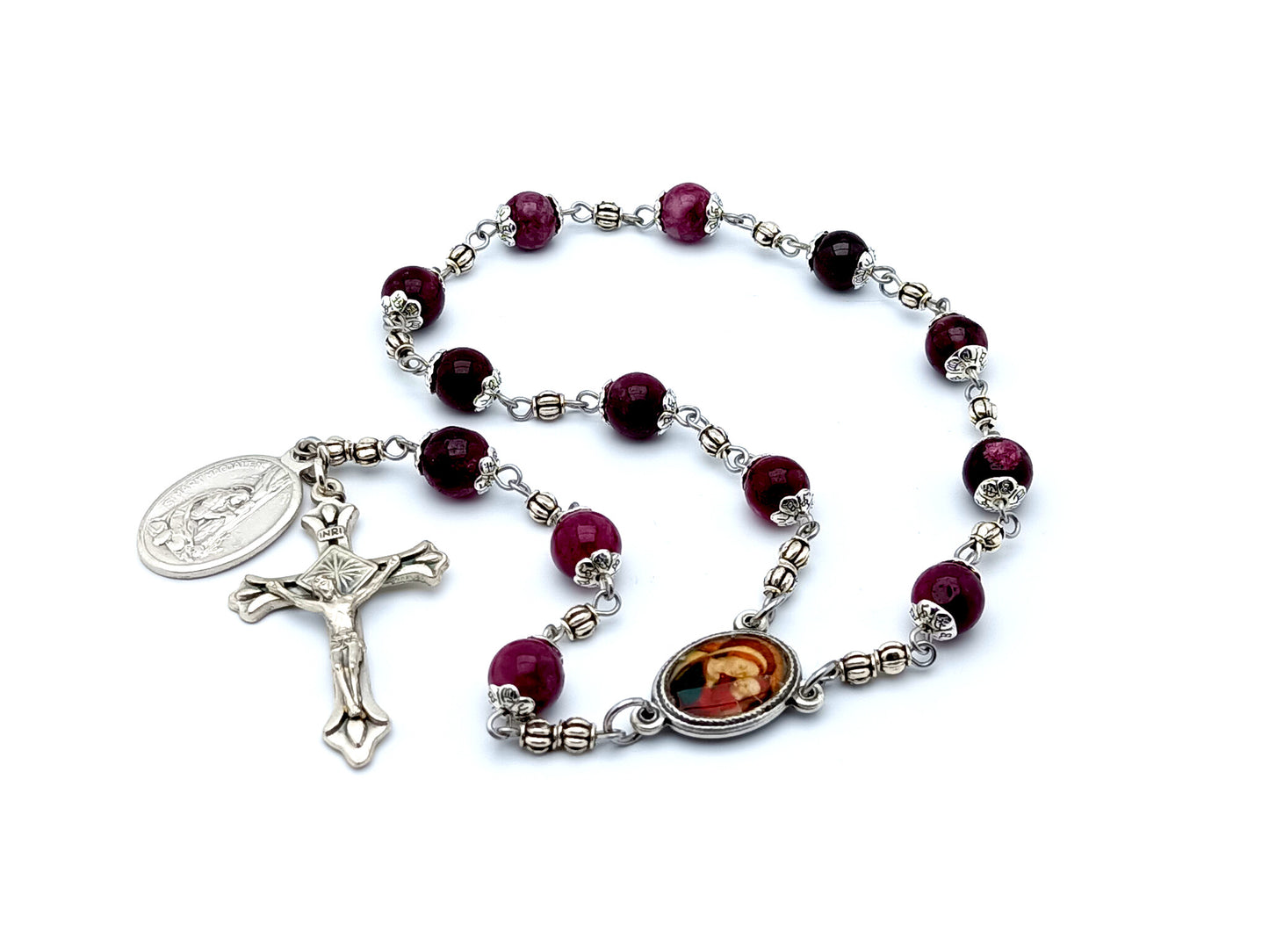 Saint Mary Magdalene unique rosary beads prayer chaplet with purple beads and silver alloy crucifix.