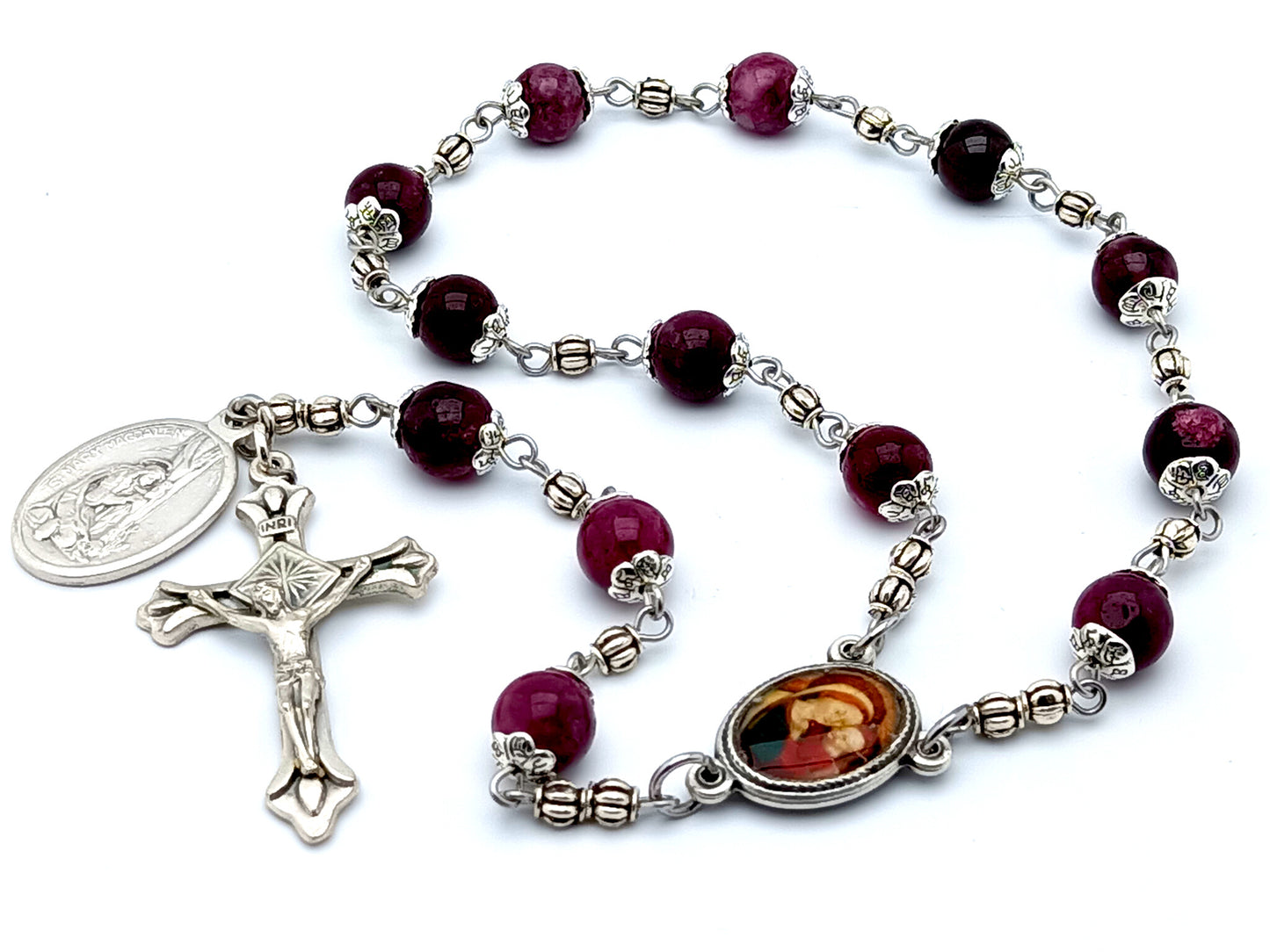 Saint Mary Magdalene unique rosary beads prayer chaplet with purple beads and silver alloy crucifix.