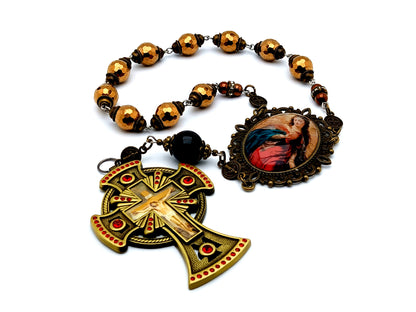 Blessed Virgin Mary large Heirloom hematite gemstone rosary beads with brass crucifix and onyx Our Father bead and Saint Benedict medals.