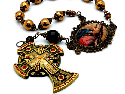 Blessed Virgin Mary large Heirloom hematite gemstone rosary beads with brass crucifix and onyx Our Father bead and Saint Benedict medals.