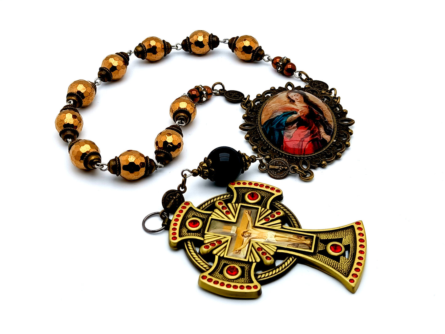 Blessed Virgin Mary large Heirloom hematite gemstone rosary beads with brass crucifix and onyx Our Father bead and Saint Benedict medals.