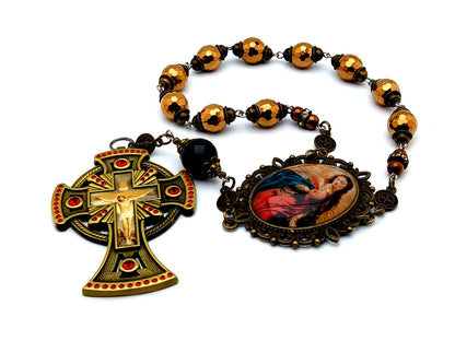 Blessed Virgin Mary large Heirloom hematite gemstone rosary beads with brass crucifix and onyx Our Father bead and Saint Benedict medals.