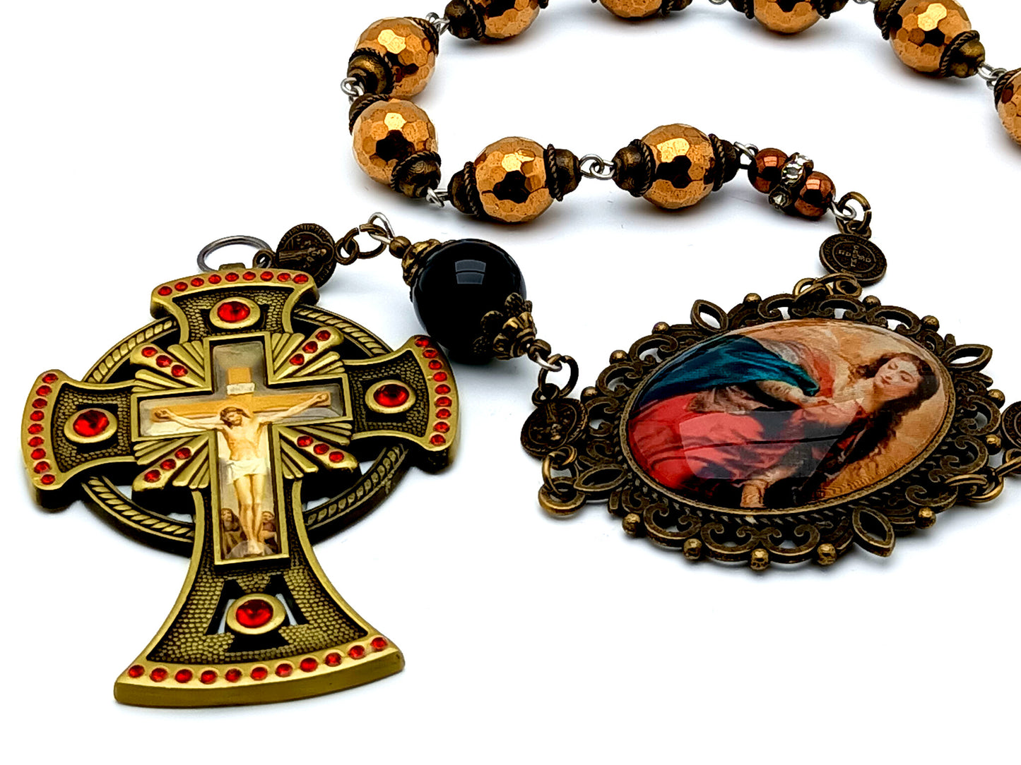 Blessed Virgin Mary large Heirloom hematite gemstone rosary beads with brass crucifix and onyx Our Father bead and Saint Benedict medals.