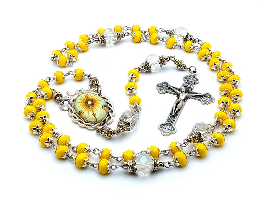 The Blessed Sacrament glass and crystal rosary beads with four Basilica crucifix and Holy Spirit dove center medal.