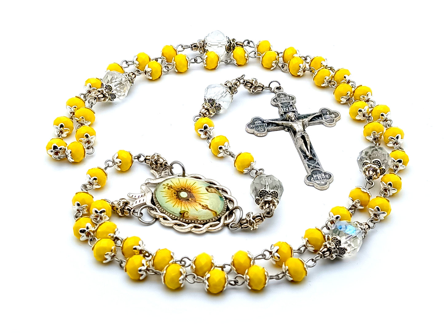 The Blessed Sacrament glass and crystal rosary beads with four Basilica crucifix and Holy Spirit dove center medal.