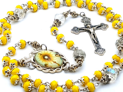 The Blessed Sacrament glass and crystal rosary beads with four Basilica crucifix and Holy Spirit dove center medal.